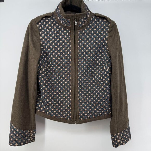 Tory Burch Women’s Embroidered Wool-Blend Zip Jacket Size 10 Olive Green Texture - Picture 1 of 8